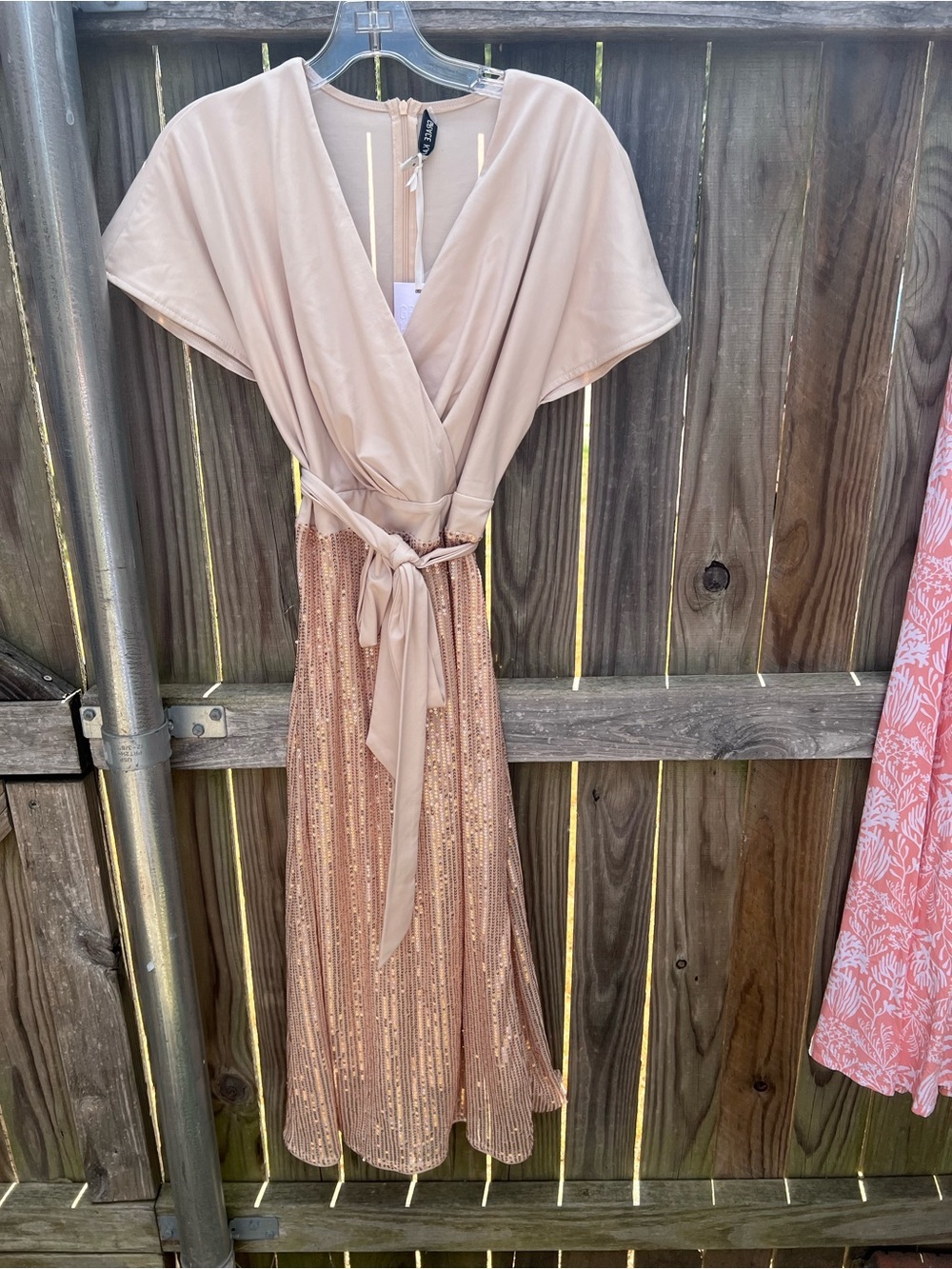 👗Grace Karin Blush Pink Wrap Midi Dress with Sequined Skirt